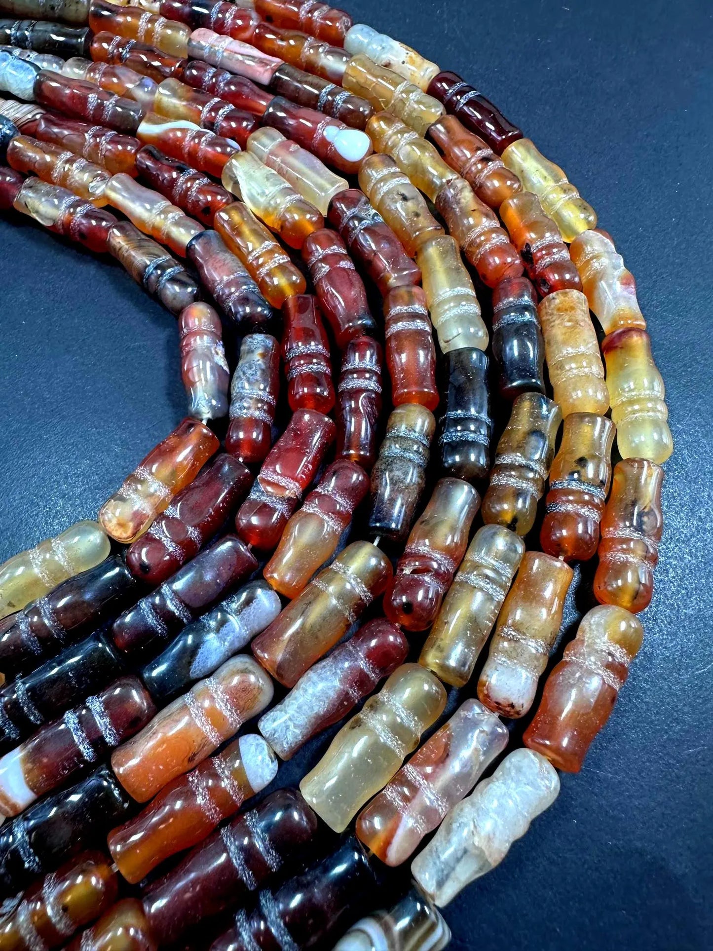Beautiful Handcrafted Natural Curved Dzi Agate Barrel Shape Gemstone Beads; Antique Tibetan. 25x9mm, Brown Black Pattern Great Quality 15.5"