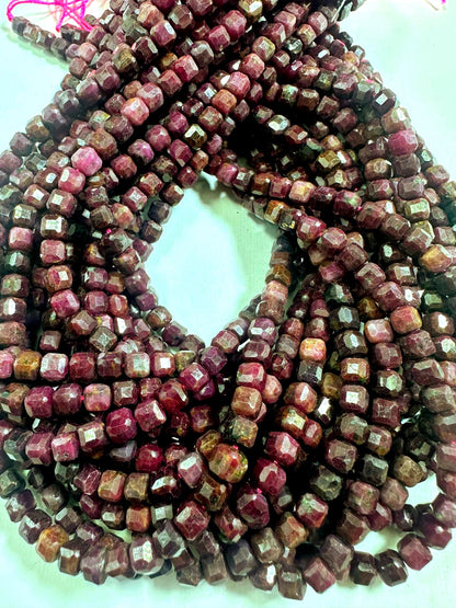 100% Natural Purple Ruby Faceted Cube Bead, 5mm Beautiful Purple Red Color, Excellent Quality Full Strand 15.5"
