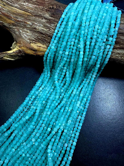 100% AAA Natural Amazonite Faceted Cube Shape Gemstone Beads. 3mm Beautiful Natural Blue Color, Excellent Quality 15.5"
