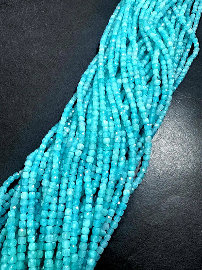 100% AAA Natural Amazonite Faceted Cube Shape Gemstone Beads. 3mm Beautiful Natural Blue Color, Excellent Quality 15.5"