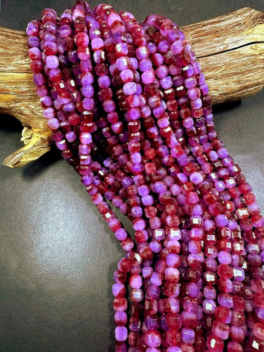Stunning Natural Purple Ruby Jade Faceted Cube Shaped Gemstone Beads, 8mm Beautiful Purple Red Color, Good Quality Full Strand 15.5"