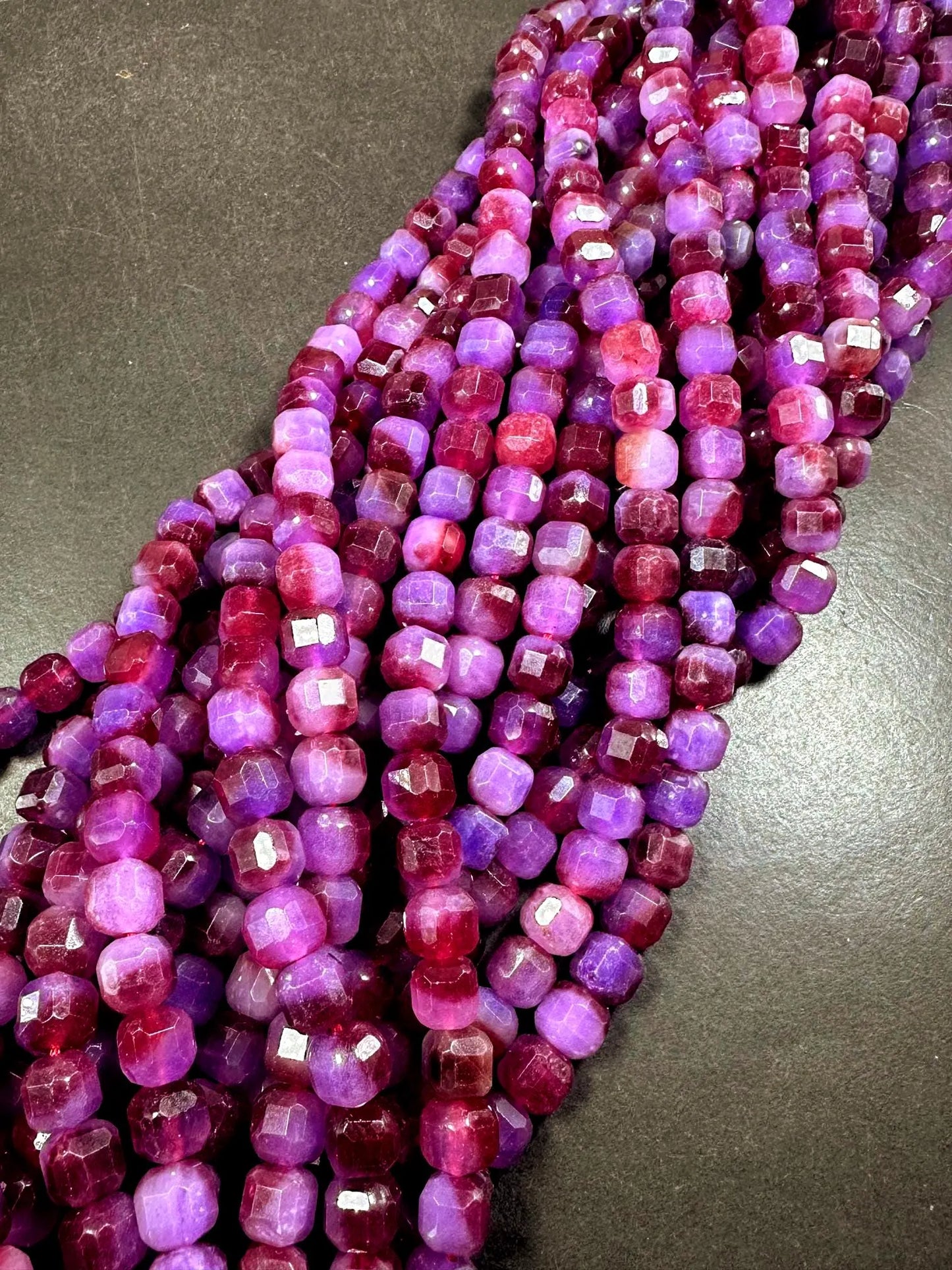 Stunning Natural Purple Ruby Jade Faceted Cube Shaped Gemstone Beads, 8mm Beautiful Purple Red Color, Good Quality Full Strand 15.5"