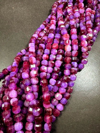 Stunning Natural Purple Ruby Jade Faceted Cube Shaped Gemstone Beads, 8mm Beautiful Purple Red Color, Good Quality Full Strand 15.5"