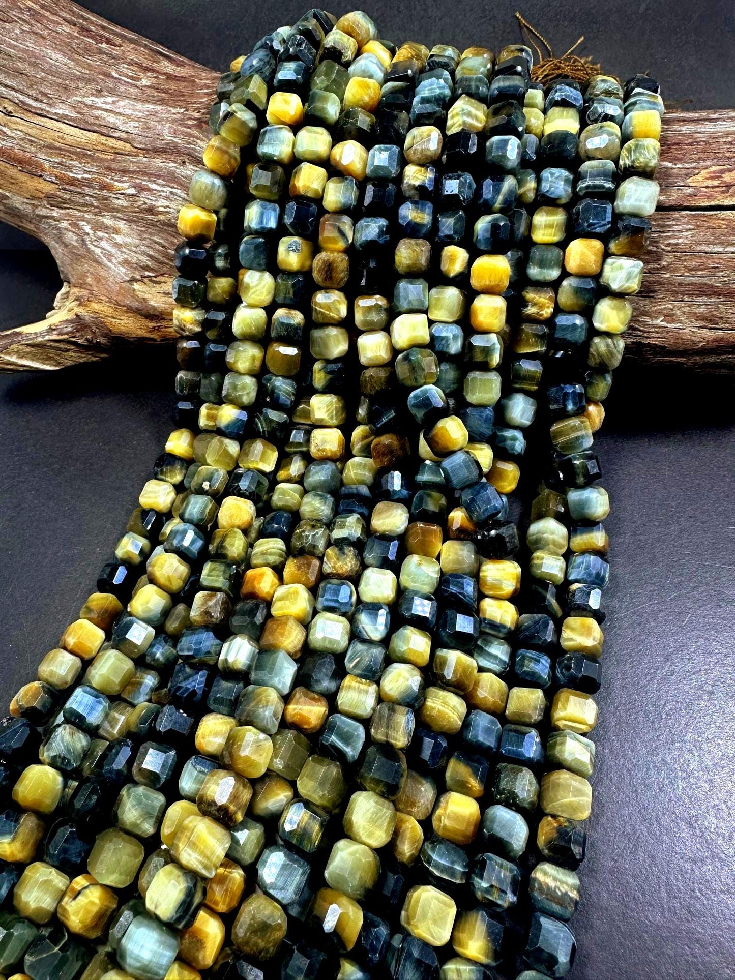 AAA 100% Natural Golden Blue Tiger Eye Faceted Cube Shape Gemstone Bead. 8mm Beautiful Gold Blue Color, Excellent Quality Full Strand 15.5"
