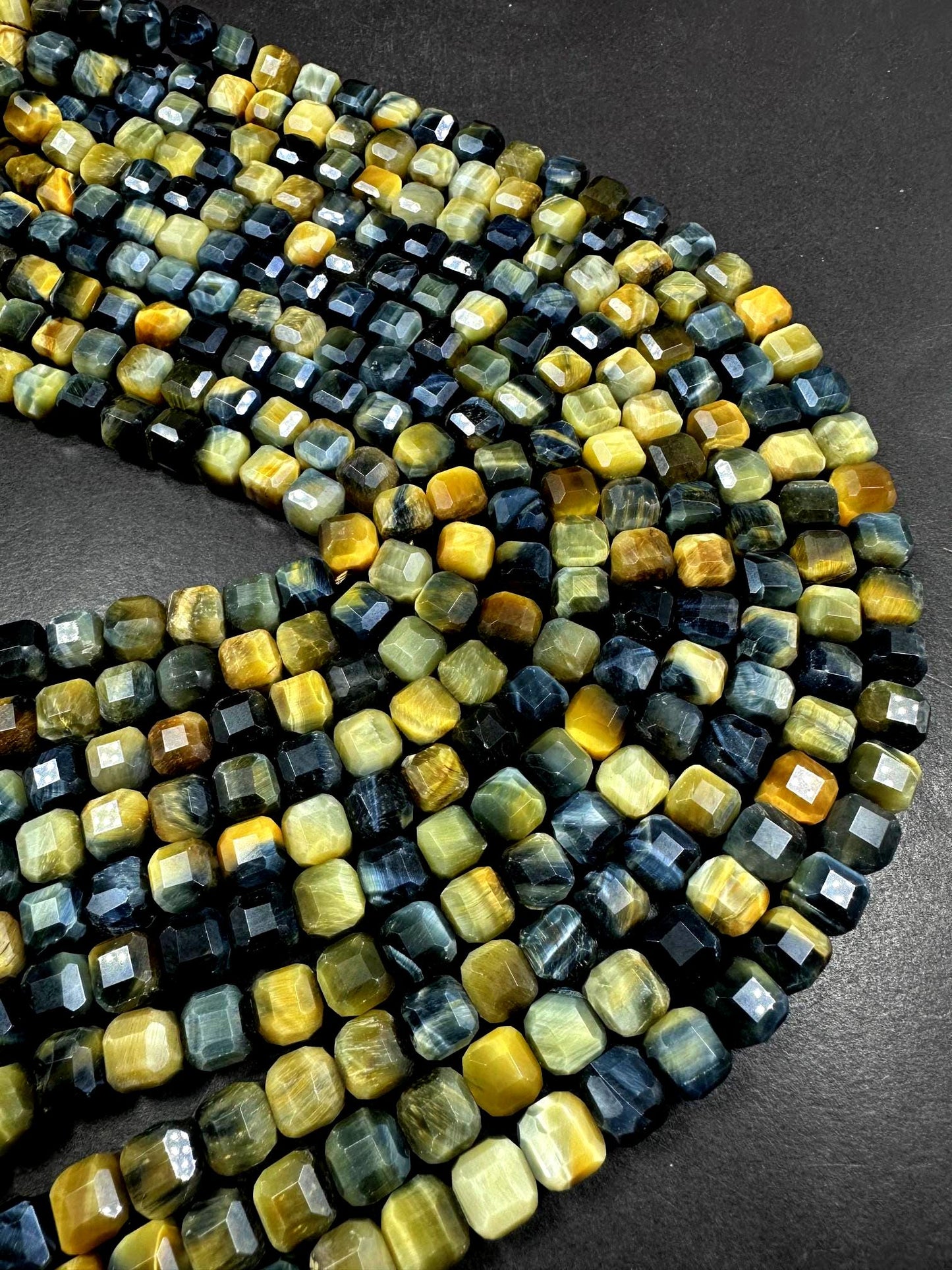 AAA 100% Natural Golden Blue Tiger Eye Faceted Cube Shape Gemstone Bead. 8mm Beautiful Gold Blue Color, Excellent Quality Full Strand 15.5"