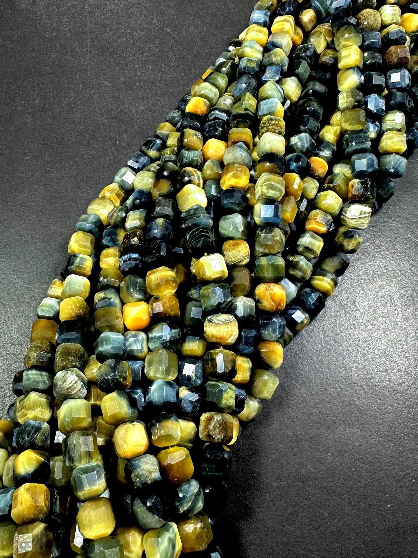 AAA 100% Natural Golden Blue Tiger Eye Faceted Cube Shape Gemstone Bead. 8mm Beautiful Gold Blue Color, Excellent Quality Full Strand 15.5"
