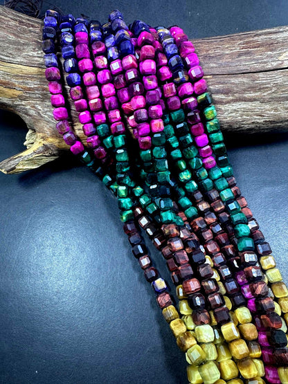 Beautiful Natural Multicolor Tiger Eye Faceted Cube Shape Gemstone Beads, 8mm Gorgeous Multicolor Pattern, Good Quality Full Strand 15.5"