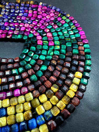 Beautiful Natural Multicolor Tiger Eye Faceted Cube Shape Gemstone Beads, 8mm Gorgeous Multicolor Pattern, Good Quality Full Strand 15.5"