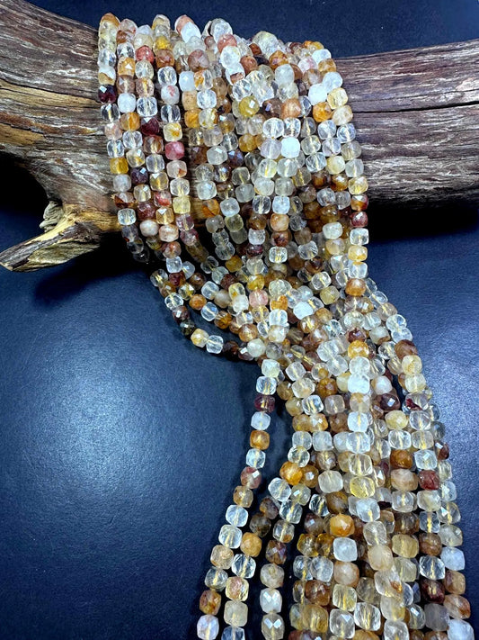 100% Natural Multicolor Rutilated Quartz Faceted Cube Shape Gemstone Beads. 7mm, Multicolor Brown Shades, Great Quality Full Strand 15.5"