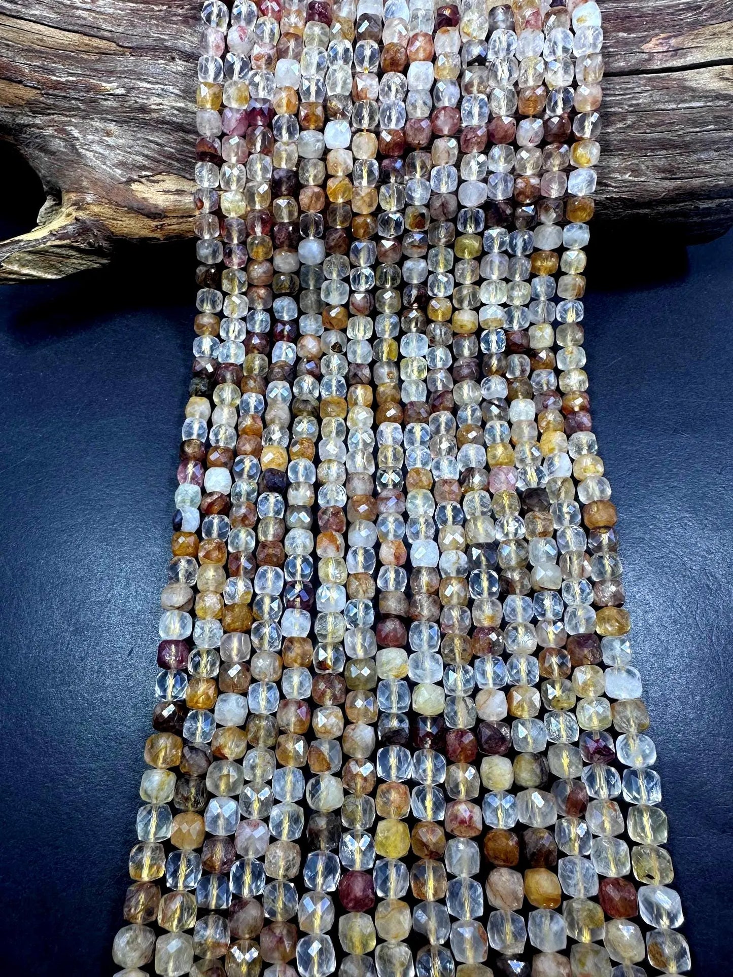 100% Natural Multicolor Rutilated Quartz Faceted Cube Shape Gemstone Beads. 7mm, Multicolor Brown Shades, Great Quality Full Strand 15.5"