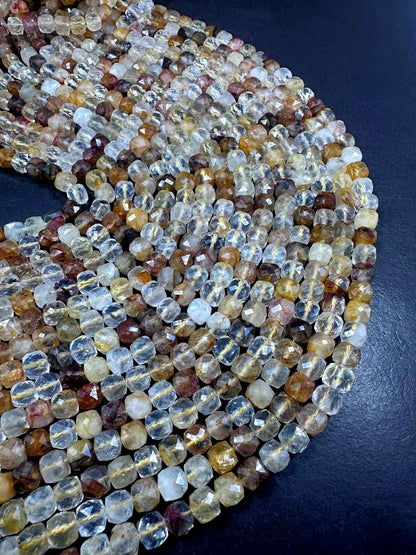 100% Natural Multicolor Rutilated Quartz Faceted Cube Shape Gemstone Beads. 7mm, Multicolor Brown Shades, Great Quality Full Strand 15.5"