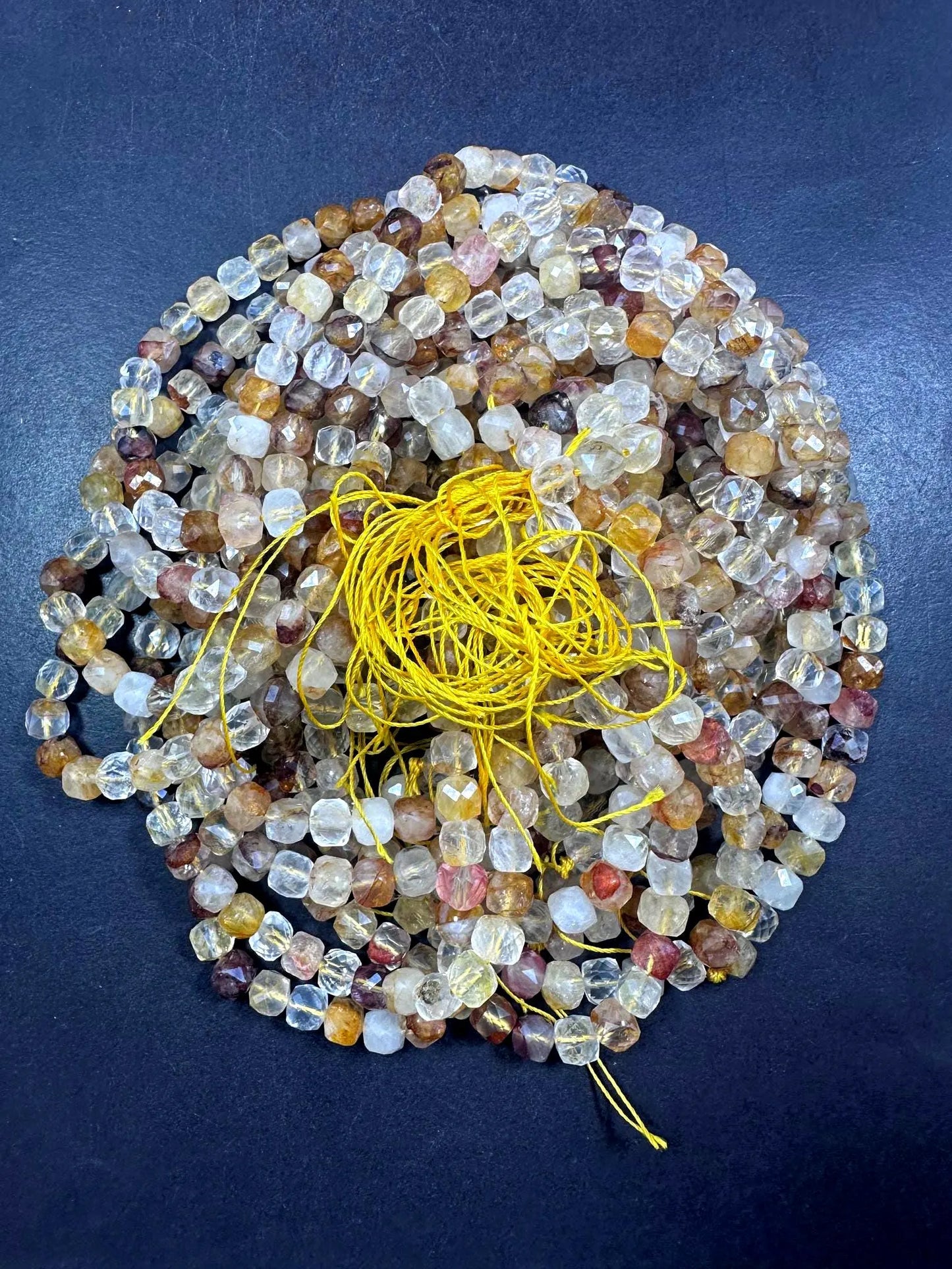 100% Natural Multicolor Rutilated Quartz Faceted Cube Shape Gemstone Beads. 7mm, Multicolor Brown Shades, Great Quality Full Strand 15.5"