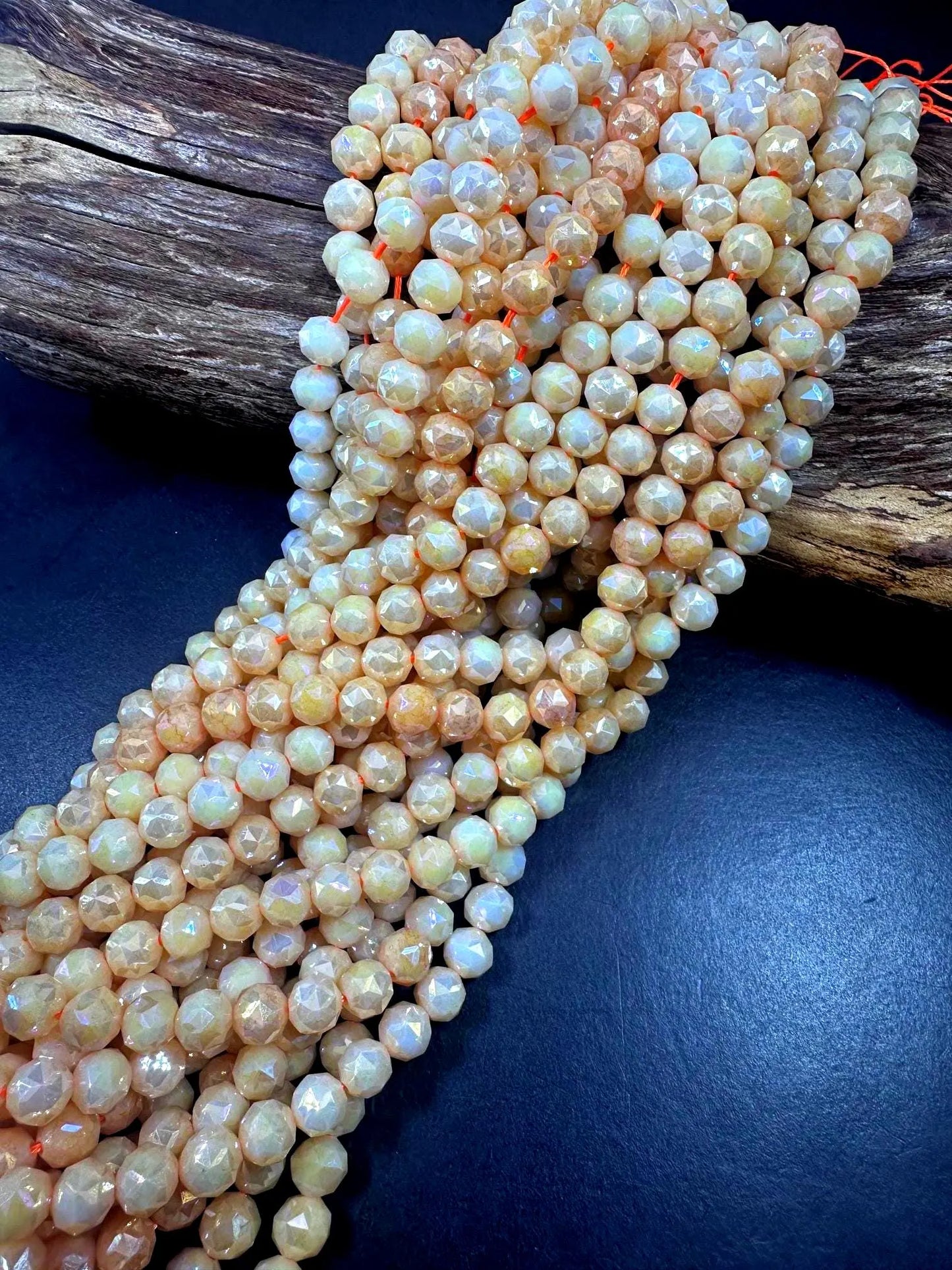 Beautiful Cream Orange Faceted Round Chinese Crystal Glass Beads. 8mm, Stunning Two Tone Pattern, Great Quality Full Strand 15.5"