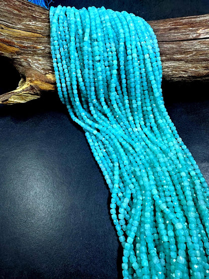 100% AAA Natural Amazonite Faceted Cube Shape Gemstone Beads. 3mm Beautiful Natural Blue Color, Excellent Quality 15.5"