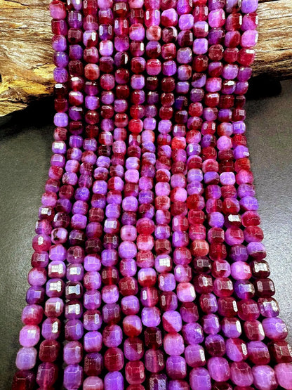 Stunning Natural Purple Ruby Jade Faceted Cube Shaped Gemstone Beads, 8mm Beautiful Purple Red Color, Good Quality Full Strand 15.5"
