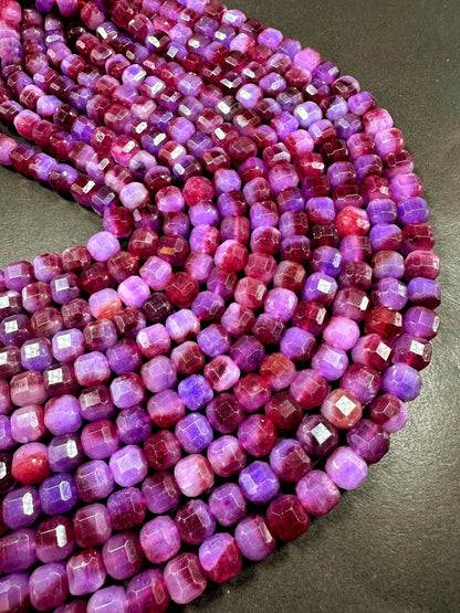 Stunning Natural Purple Ruby Jade Faceted Cube Shaped Gemstone Beads, 8mm Beautiful Purple Red Color, Good Quality Full Strand 15.5"