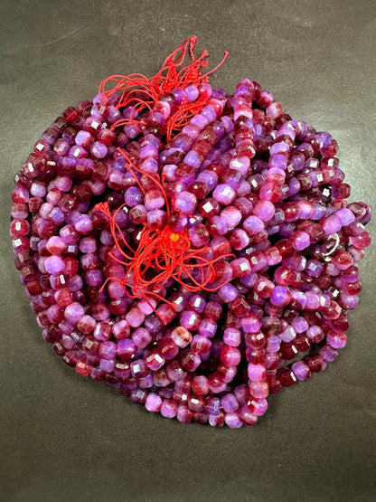 Stunning Natural Purple Ruby Jade Faceted Cube Shaped Gemstone Beads, 8mm Beautiful Purple Red Color, Good Quality Full Strand 15.5"