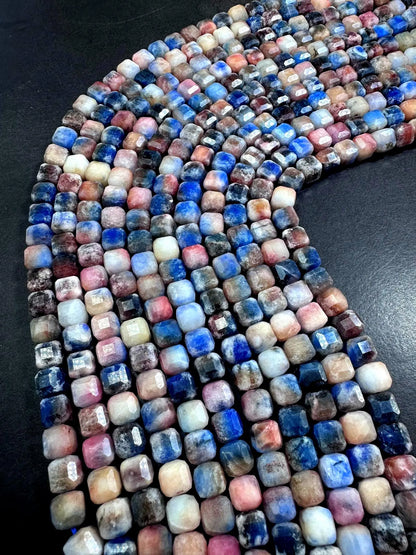 Beautiful Natural Multicolor Sodalite Faceted Cube Shape Gemstone Beads, 8mm Gorgeous Multicolor Pattern, Good Quality Full Strand 15.5"