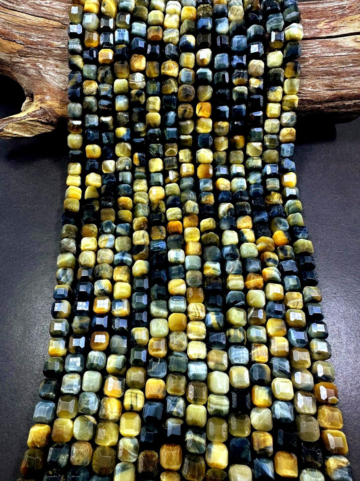AAA 100% Natural Golden Blue Tiger Eye Faceted Cube Shape Gemstone Bead. 8mm Beautiful Gold Blue Color, Excellent Quality Full Strand 15.5"