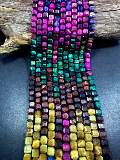 Beautiful Natural Multicolor Tiger Eye Faceted Cube Shape Gemstone Beads, 8mm Gorgeous Multicolor Pattern, Good Quality Full Strand 15.5"