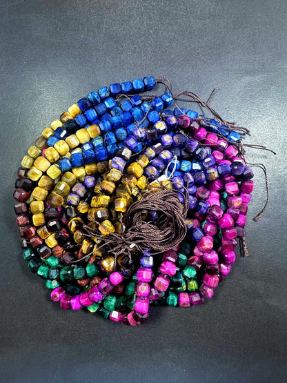 Beautiful Natural Multicolor Tiger Eye Faceted Cube Shape Gemstone Beads, 8mm Gorgeous Multicolor Pattern, Good Quality Full Strand 15.5"