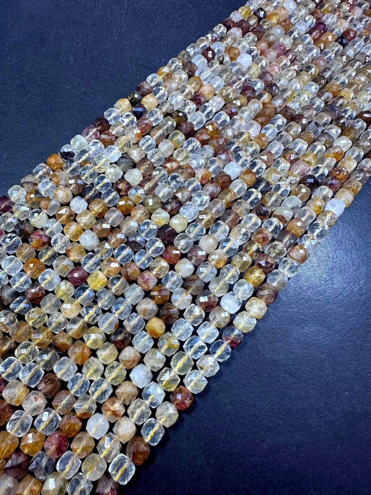 100% Natural Multicolor Rutilated Quartz Faceted Cube Shape Gemstone Beads. 7mm, Multicolor Brown Shades, Great Quality Full Strand 15.5"