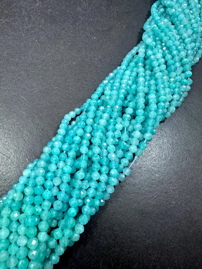 100% Natural Amazonite Faceted Round Shape Gemstone Beads. 3-4mm Beautiful Natural Blue Color, Excellent Quality 15.5"