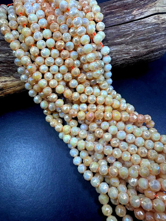 Beautiful Cream Orange Faceted Round Chinese Crystal Glass Beads. 8mm, Stunning Two Tone Pattern, Great Quality Full Strand 15.5"