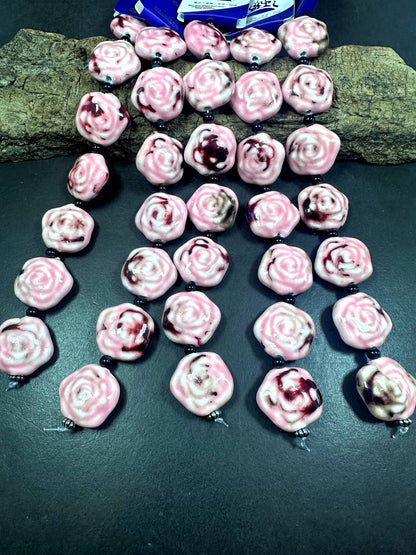 Beautiful Hand Painted Porcelain Beads, 26x27mm Unique Hand Painted Porcelain Rose Flower Shape Beads, Gorgeous Pink Porcelain Bead 8"