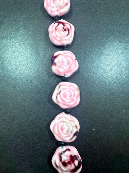 Beautiful Hand Painted Porcelain Beads, 26x27mm Unique Hand Painted Porcelain Rose Flower Shape Beads, Gorgeous Pink Porcelain Bead 8"