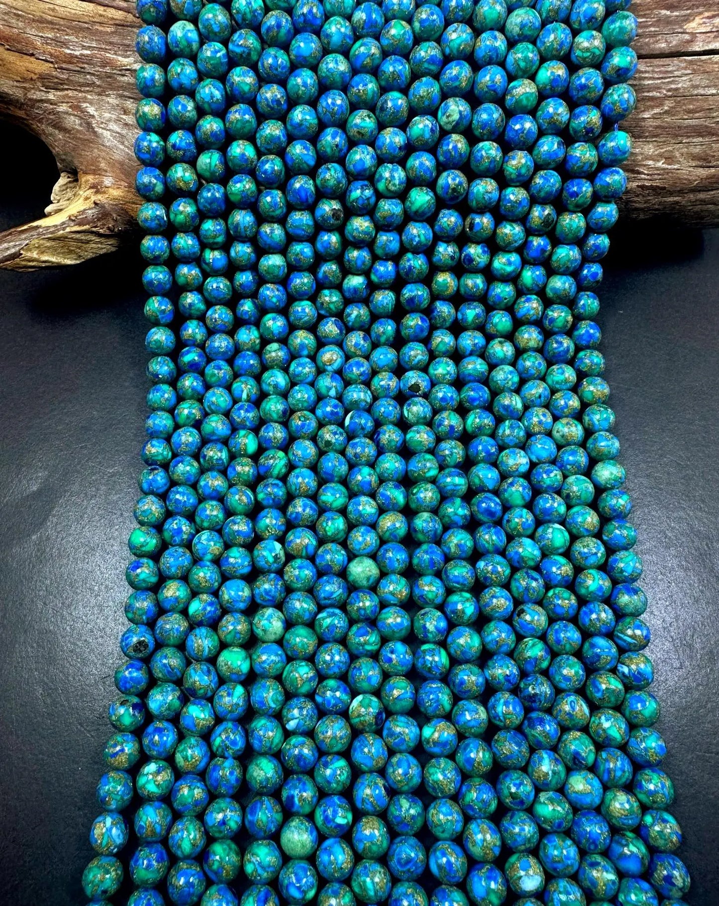 Natural Compress Turquoise with Lapis Smooth Round shape Gemstone Beads. 8mm, Stunning Blue and Green Mixed Colors, Great Quality 15.5"