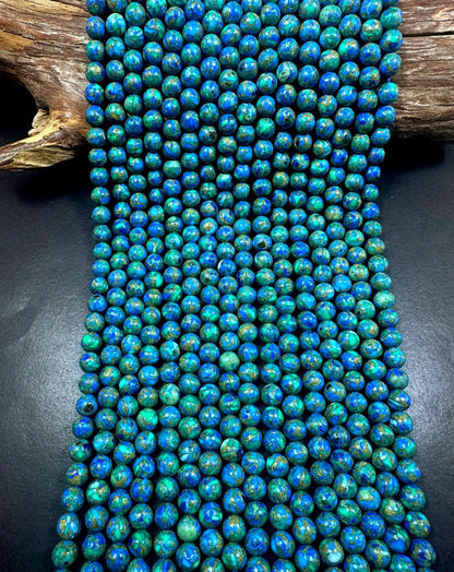 Natural Compress Turquoise with Lapis Smooth Round shape Gemstone Beads. 8mm, Stunning Blue and Green Mixed Colors, Great Quality 15.5"