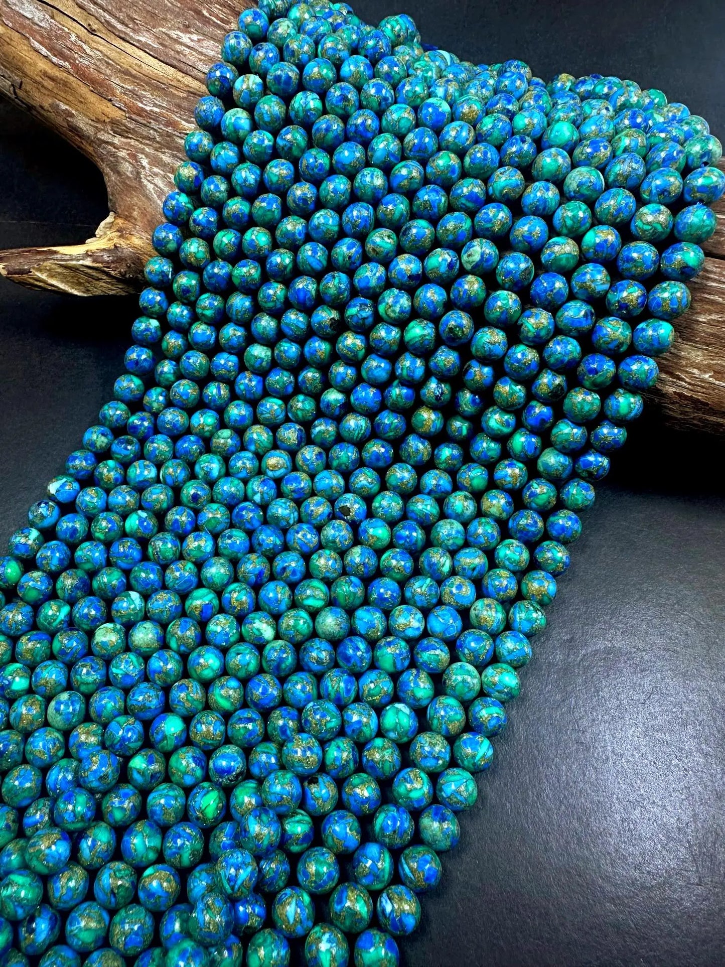 Natural Compress Turquoise with Lapis Smooth Round shape Gemstone Beads. 8mm, Stunning Blue and Green Mixed Colors, Great Quality 15.5"