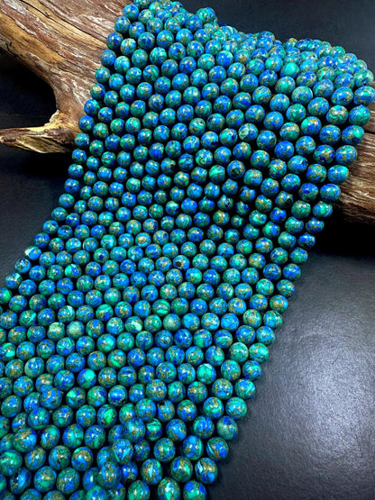 Natural Compress Turquoise with Lapis Smooth Round shape Gemstone Beads. 8mm, Stunning Blue and Green Mixed Colors, Great Quality 15.5"