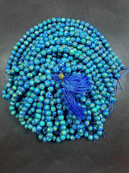 Natural Compress Turquoise with Lapis Smooth Round shape Gemstone Beads. 8mm, Stunning Blue and Green Mixed Colors, Great Quality 15.5"