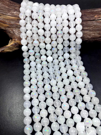 Beautiful White Moonstone Jade Round Shape Gemstone Beads. 6mm, 8mm, 10mm, 12mm; Stunning White Color with AB Coating Great Quality 15.5"