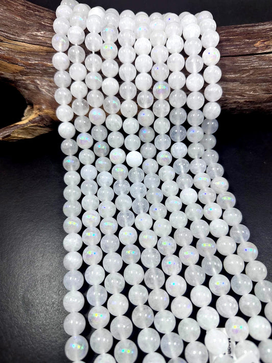 Beautiful White Moonstone Jade Round Shape Gemstone Beads. 6mm, 8mm, 10mm, 12mm; Stunning White Color with AB Coating Great Quality 15.5"