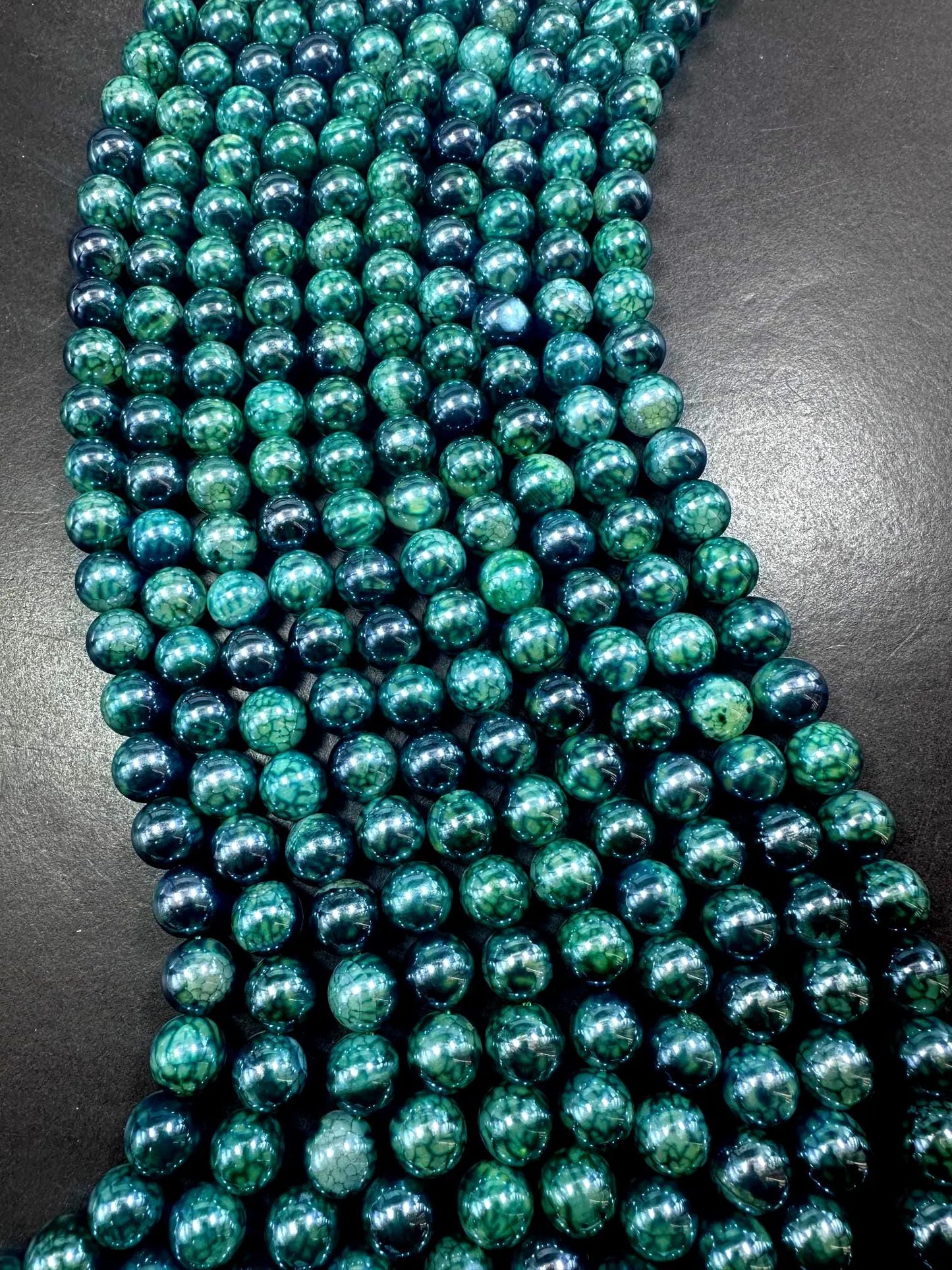 Gorgeous Metallic Forest Green Dragon Pattern Agate Round Shape Beads. 6mm, 8mm, 10mm, Stunning Green Color Great Quality Full Strand 15.5"