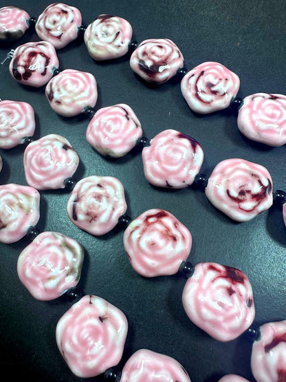 Beautiful Hand Painted Porcelain Beads, 26x27mm Unique Hand Painted Porcelain Rose Flower Shape Beads, Gorgeous Pink Porcelain Bead 8"