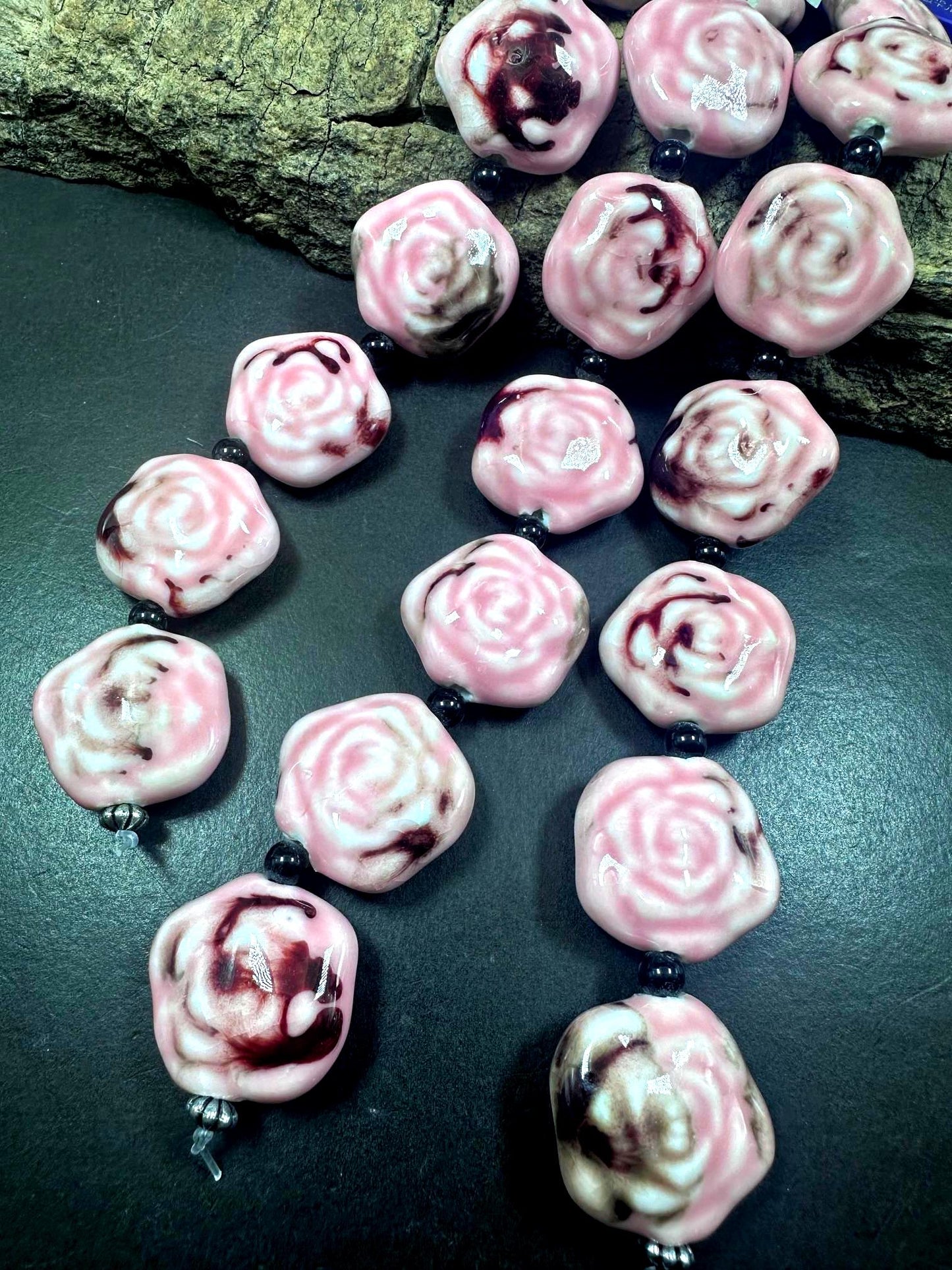 Beautiful Hand Painted Porcelain Beads, 26x27mm Unique Hand Painted Porcelain Rose Flower Shape Beads, Gorgeous Pink Porcelain Bead 8"