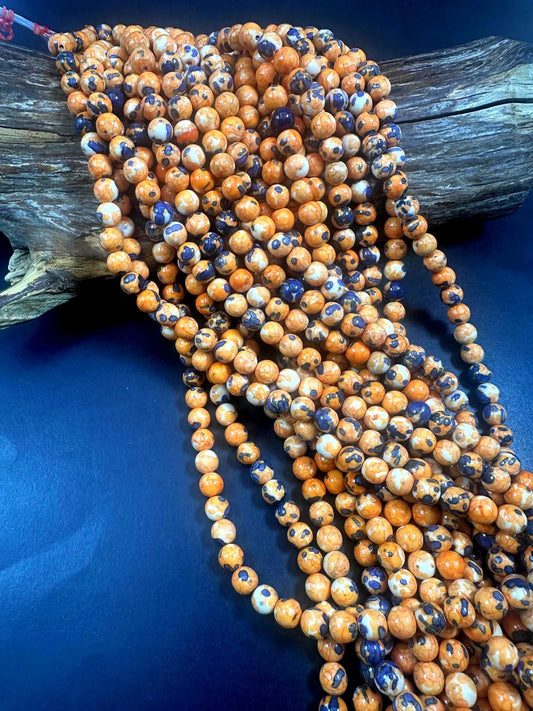 Beautiful Light Orange Blue Rain Flower Smooth Round Gemstone Beads. Stunning Orange and Blue Mixed Pattern, Great Quality Full Strand 15.5"