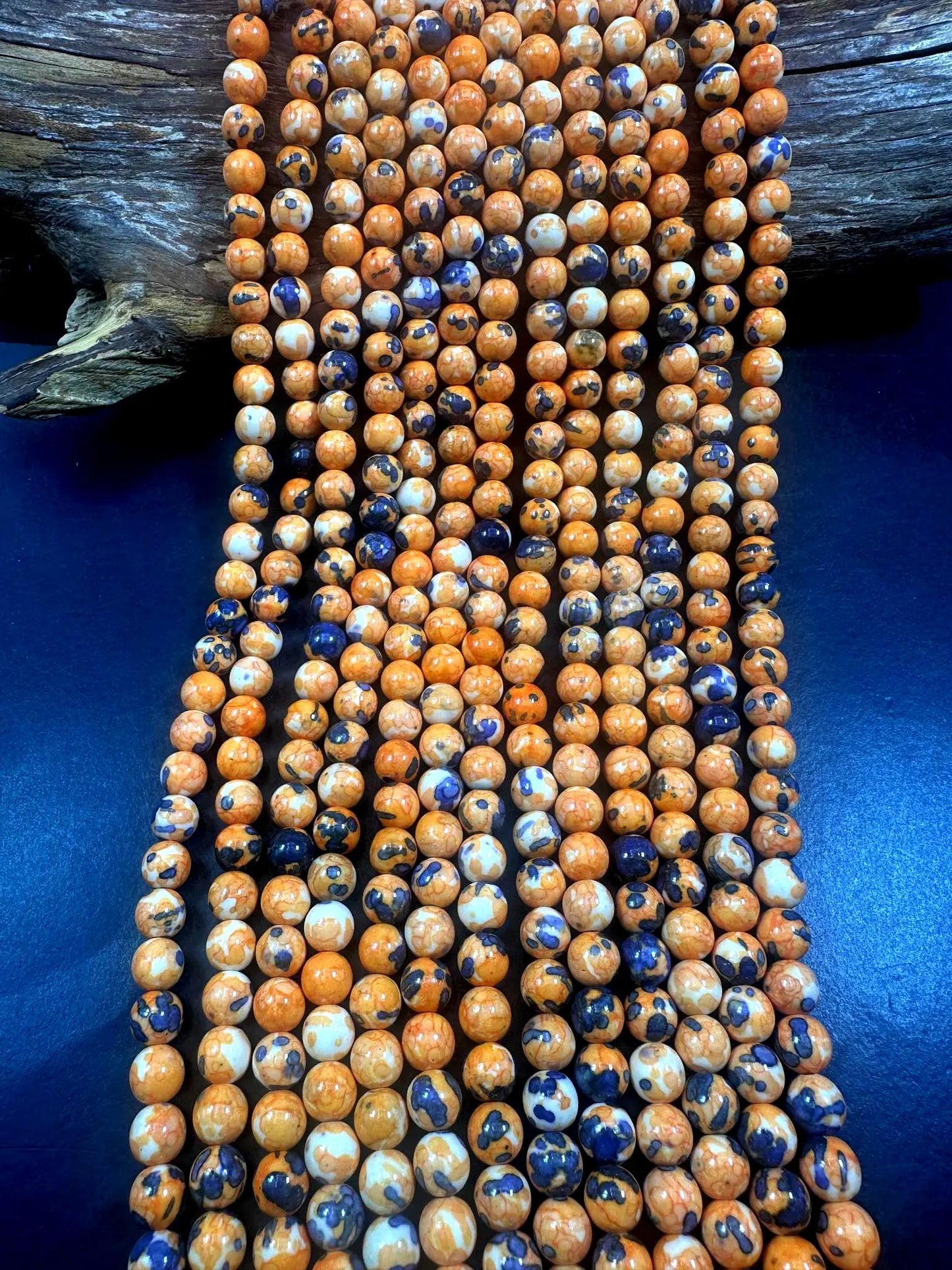 Beautiful Light Orange Blue Rain Flower Smooth Round Gemstone Beads. Stunning Orange and Blue Mixed Pattern, Great Quality Full Strand 15.5"