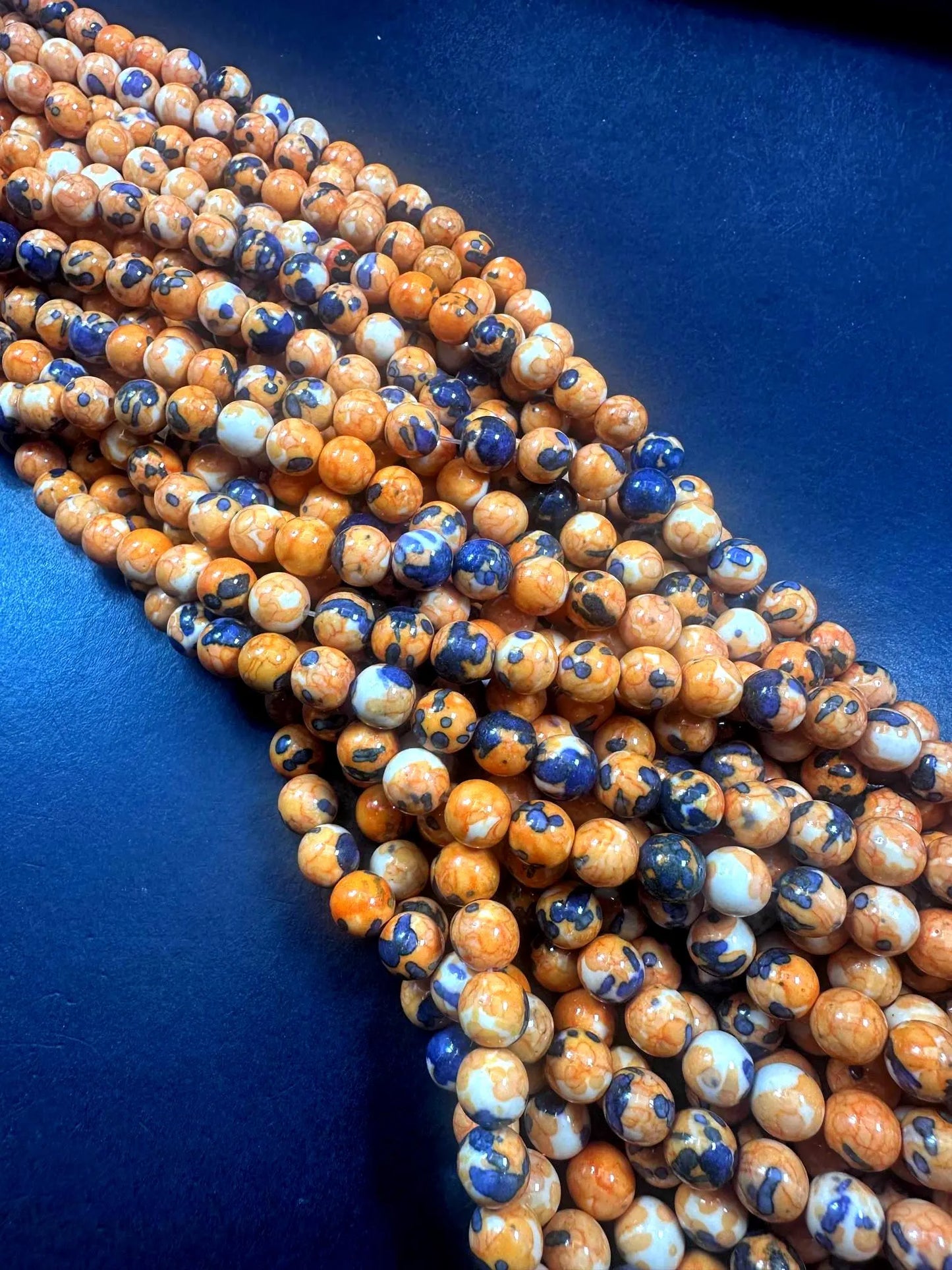 Beautiful Light Orange Blue Rain Flower Smooth Round Gemstone Beads. Stunning Orange and Blue Mixed Pattern, Great Quality Full Strand 15.5"