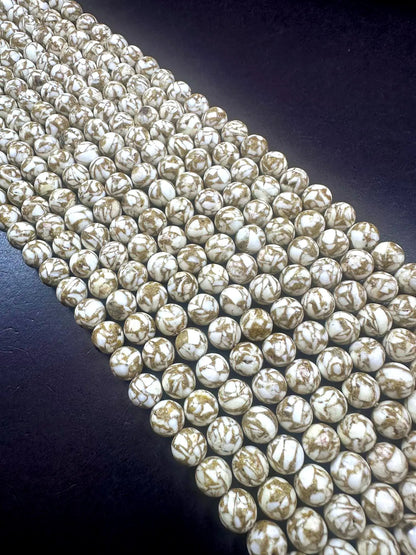 Beautiful White Beige Impression Jasper Smooth Round Shape Gemstone Beads. White and Beige Mixed Pattern, Great Quality Full strand 15.5"