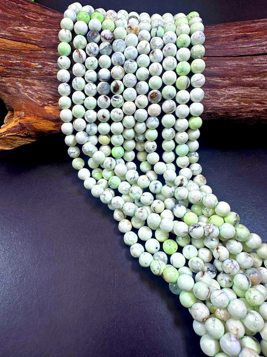 100% Natural Lemon Chrysoprase Smooth Round Shape Gemstone Beads. White Color with Light Green Tint, Great Quality Full Strand 15.5"