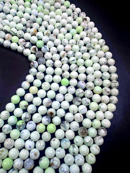 100% Natural Lemon Chrysoprase Smooth Round Shape Gemstone Beads. White Color with Light Green Tint, Great Quality Full Strand 15.5"