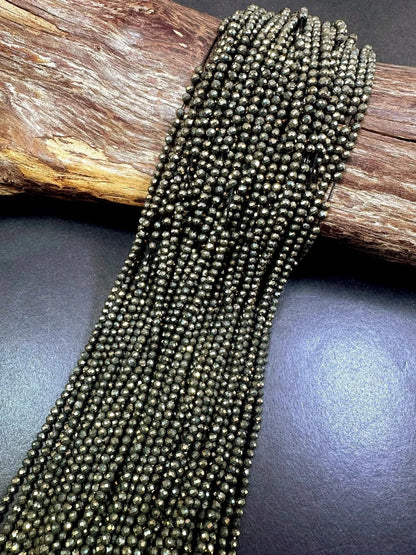 Beautiful Gold Pyrite Faceted Round Shape Gemstone Beads. Nice Gold Color, 3mm, Great Quality 15.5"
