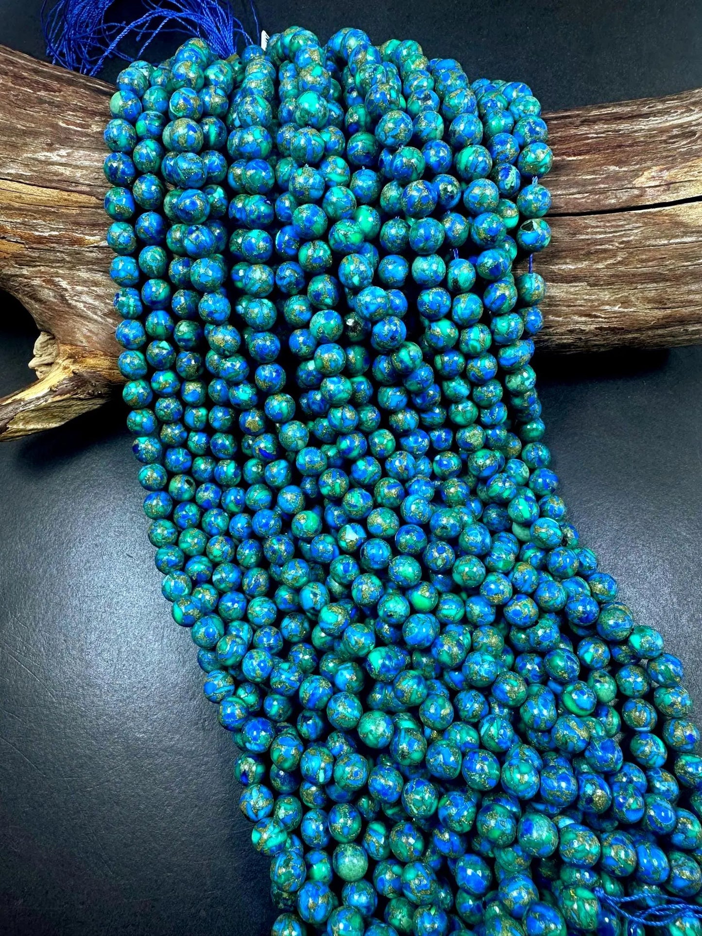 Natural Compress Turquoise with Lapis Smooth Round shape Gemstone Beads. 8mm, Stunning Blue and Green Mixed Colors, Great Quality 15.5"
