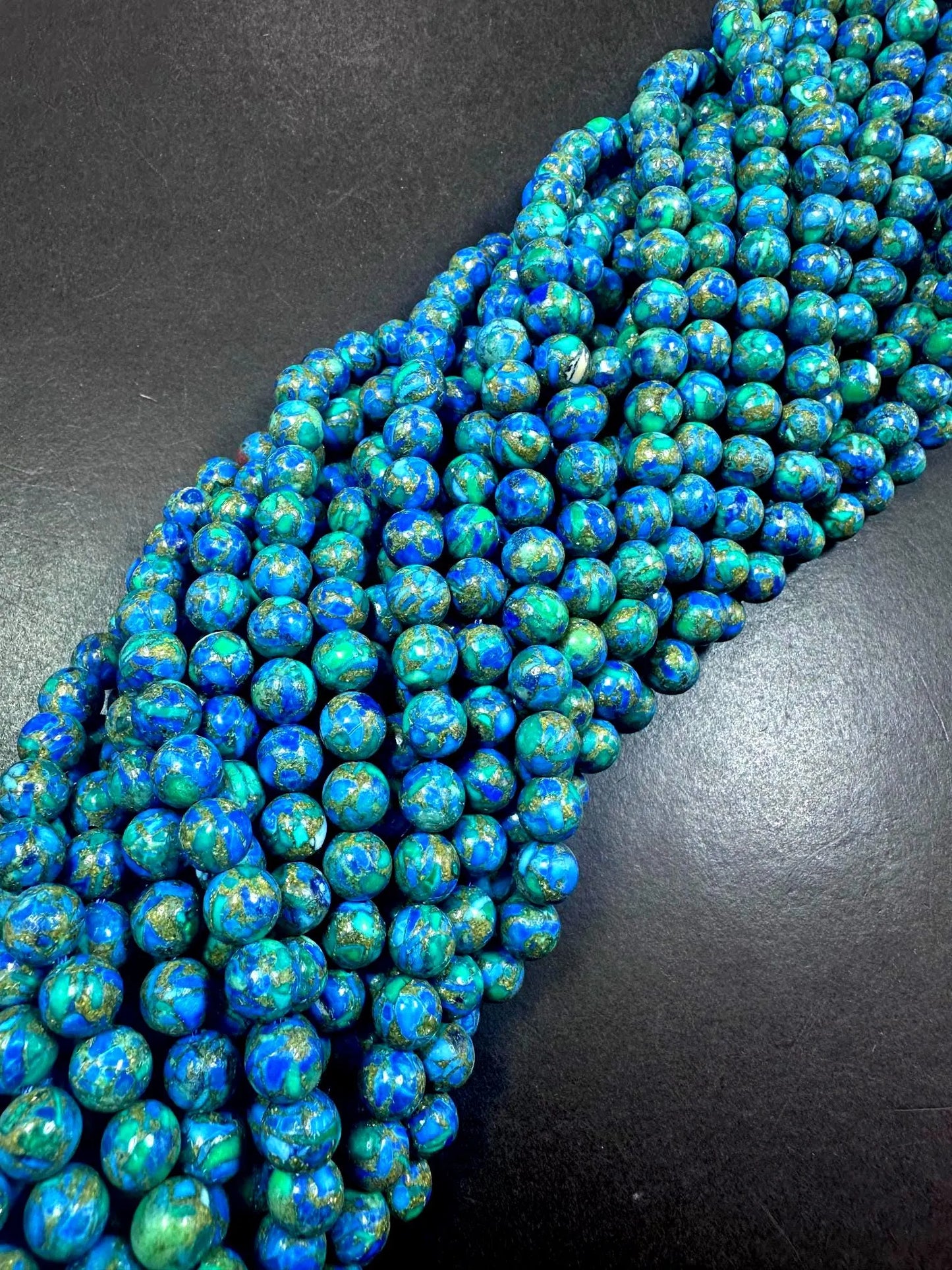 Natural Compress Turquoise with Lapis Smooth Round shape Gemstone Beads. 8mm, Stunning Blue and Green Mixed Colors, Great Quality 15.5"