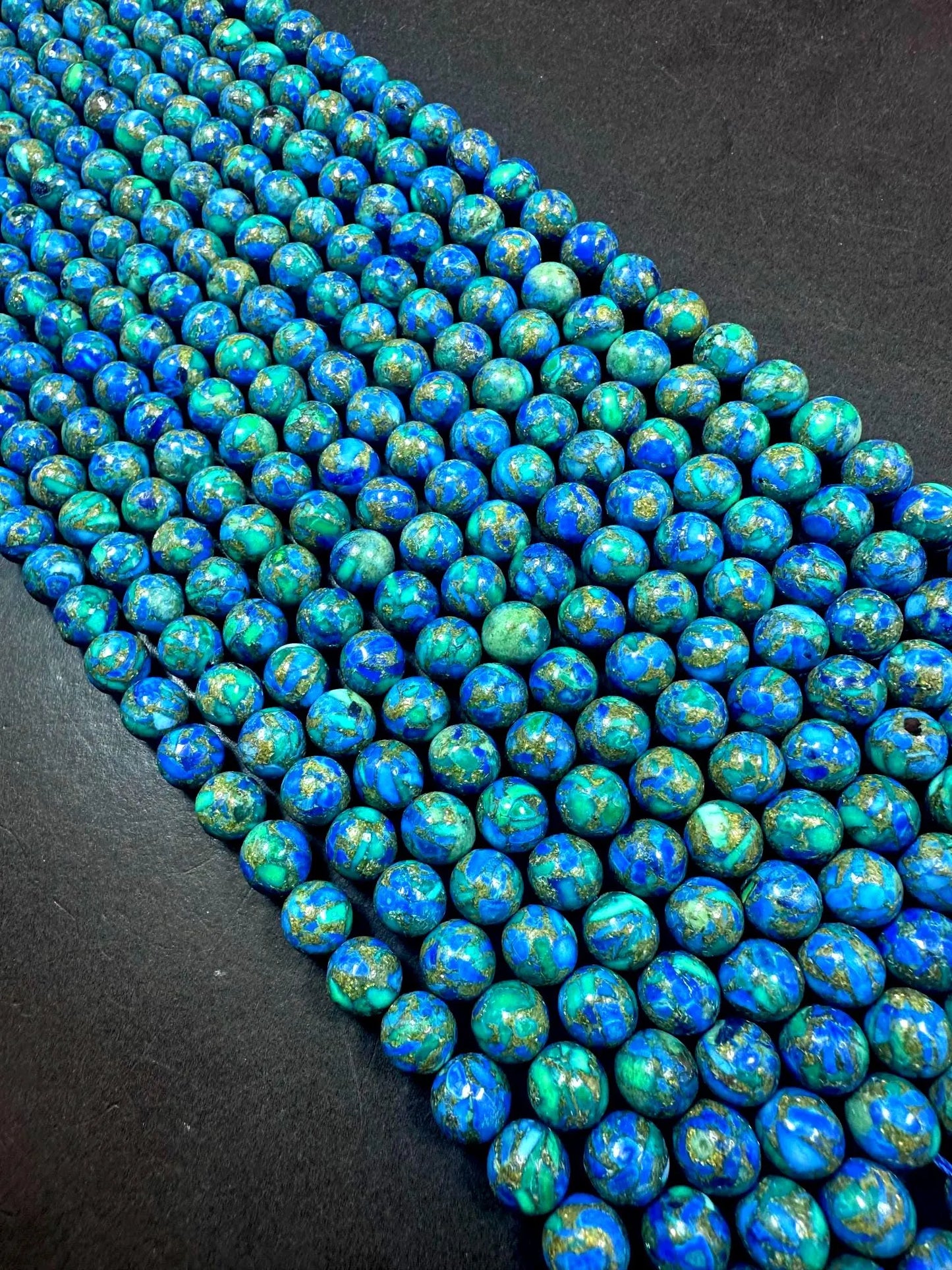 Natural Compress Turquoise with Lapis Smooth Round shape Gemstone Beads. 8mm, Stunning Blue and Green Mixed Colors, Great Quality 15.5"